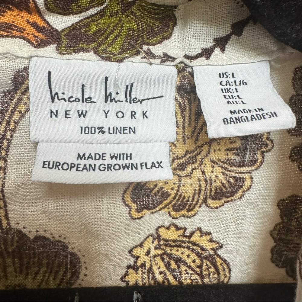 Nicole Miller Linen Blouse With Autumn Color Floral and Bird Pattern - Picture 3 of 5